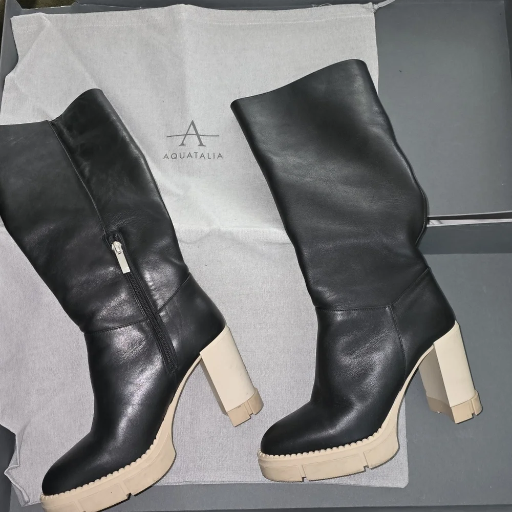 Aquatalia Indi Weatherproof Knee High Boots Black Leather Italy Women's Size 9 - Picture 6 of 10